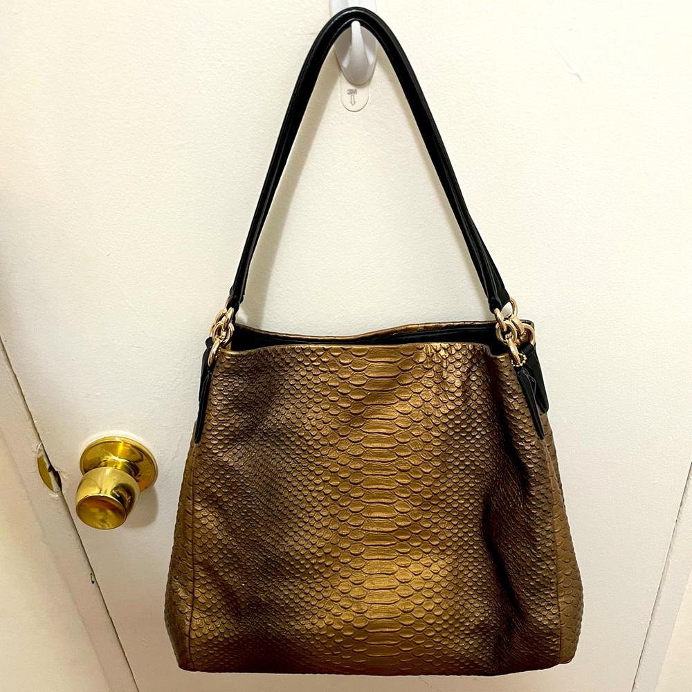 Coach handbag, gold snake like print